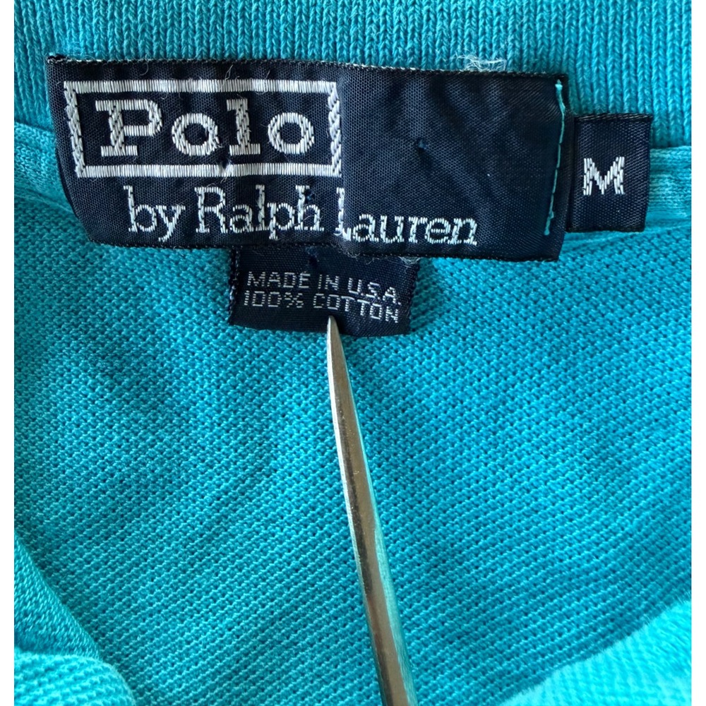 Vintage Polo Ralph Lauren Mens Turquoise Blue Pique Polo Shirt Made in USA Med - Picture 4 of 9
